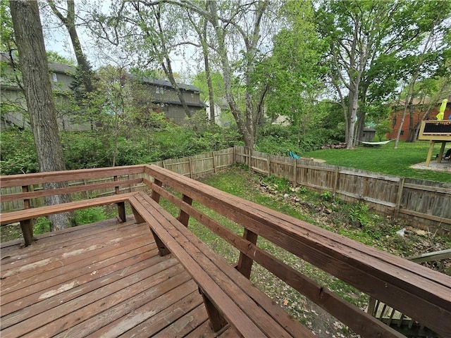 wooden deck featuring a lawn and a fenced backyard