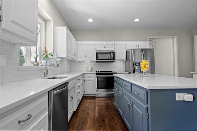 5510 W 153rd Ter, Overland Park, KS 66223 - kitchen featuring appliances with stainless steel finishes, a sink, white cabinets, decorative backsplash, and recessed lighting