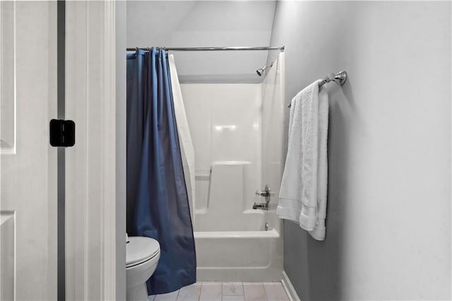 5510 W 153rd Ter, Overland Park, KS 66223 - bathroom with shower / bathtub combination with curtain, toilet, and baseboards