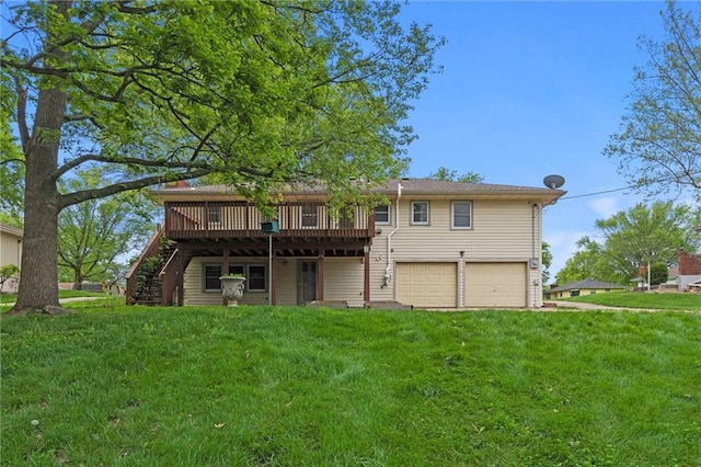 back of property with stairs, a garage, a lawn, and a deck