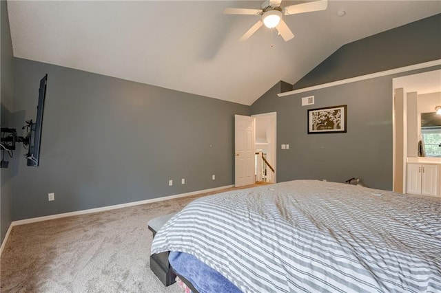 18716 W 164th Ter, Olathe, KS 66062 - carpeted bedroom with vaulted ceiling, baseboards, a ceiling fan, and ensuite bathroom