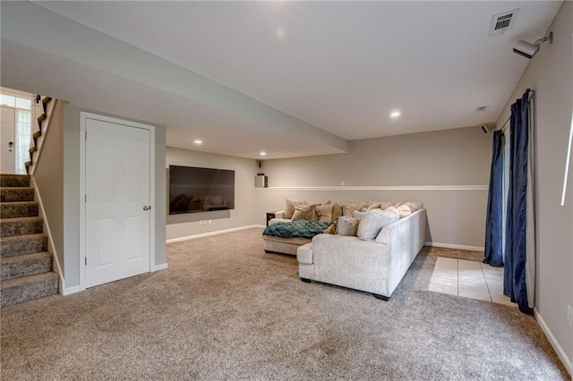 18716 W 164th Ter, Olathe, KS 66062 - carpeted living room featuring stairway, recessed lighting, and baseboards
