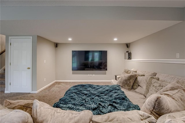 18716 W 164th Ter, Olathe, KS 66062 - living room with carpet flooring, baseboards, recessed lighting, and stairway