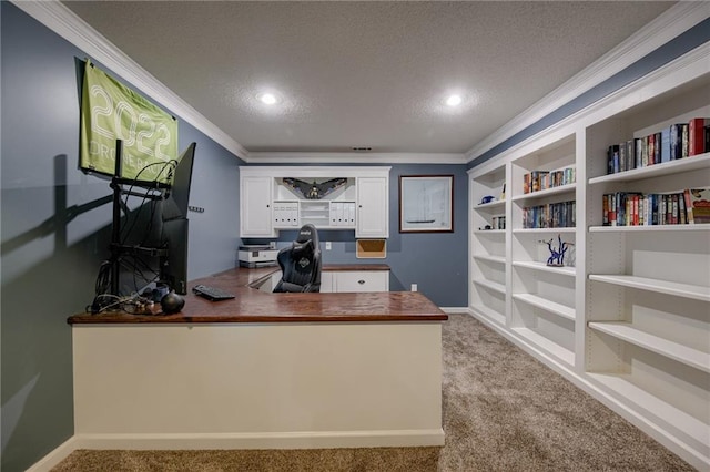 18716 W 164th Ter, Olathe, KS 66062 - carpeted office space with ornamental molding, a textured ceiling, recessed lighting, built in features, and baseboards