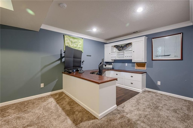 18716 W 164th Ter, Olathe, KS 66062 - home office featuring dark colored carpet, crown molding, a textured ceiling, baseboards, and recessed lighting