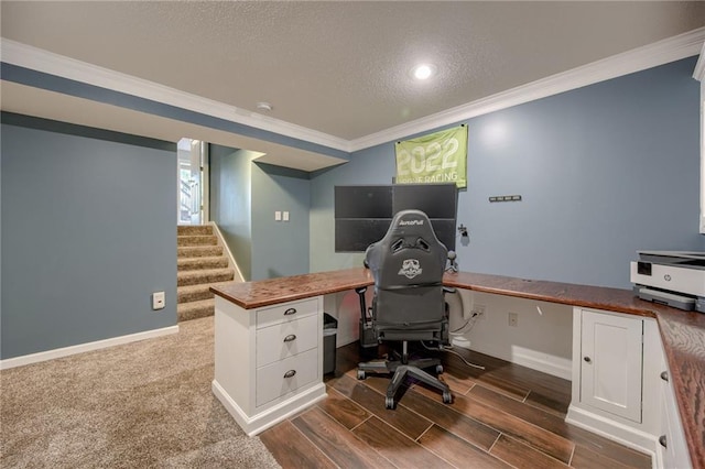 18716 W 164th Ter, Olathe, KS 66062 - office area featuring ornamental molding, a textured ceiling, baseboards, dark wood-style floors, and recessed lighting