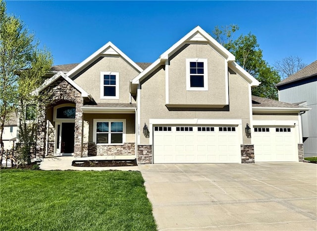 12765 N Imperial Dr, Platte City, MO 64079 - view of front of property featuring stone siding, stucco siding, driveway, a front yard, and an attached garage