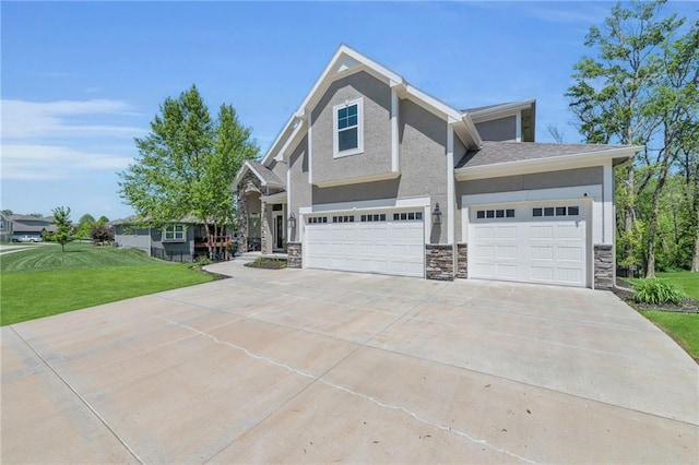 12765 N Imperial Dr, Platte City, MO 64079 - view of front of property featuring stone siding, a front lawn, stucco siding, and concrete driveway
