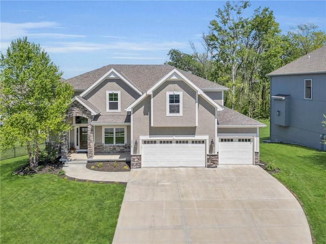 12765 N Imperial Dr, Platte City, MO 64079 - craftsman-style home with stone siding, driveway, stucco siding, a front yard, and roof with shingles