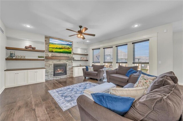 12765 N Imperial Dr, Platte City, MO 64079 - living room with ceiling fan, dark wood finished floors, a fireplace, baseboards, and recessed lighting