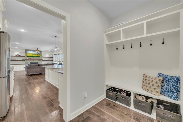12765 N Imperial Dr, Platte City, MO 64079 - mudroom with dark wood-style floors, ceiling fan, baseboards, and recessed lighting