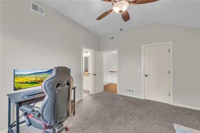 12765 N Imperial Dr, Platte City, MO 64079 - home office with ceiling fan, vaulted ceiling, carpet floors, and baseboards