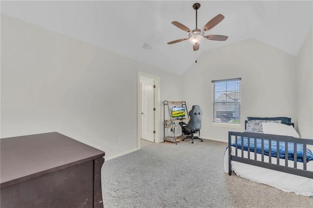 12765 N Imperial Dr, Platte City, MO 64079 - bedroom with baseboards, carpet floors, lofted ceiling, a desk, and ceiling fan