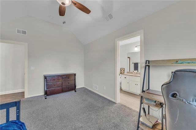 12765 N Imperial Dr, Platte City, MO 64079 - bedroom with lofted ceiling, light carpet, baseboards, a ceiling fan, and connected bathroom