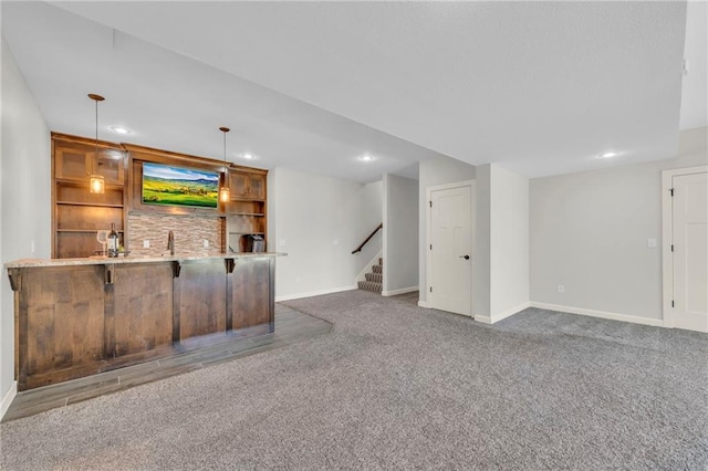 12765 N Imperial Dr, Platte City, MO 64079 - indoor wet bar with baseboards, carpet, recessed lighting, and stairway