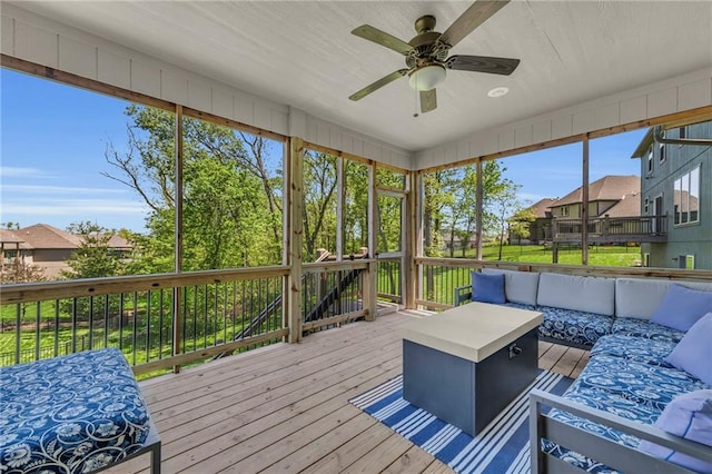 12765 N Imperial Dr, Platte City, MO 64079 - sunroom / solarium with an outdoor living space, a ceiling fan, and a residential view