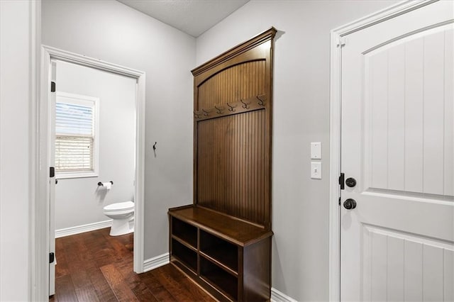 mudroom with dark wood-style flooring and baseboards