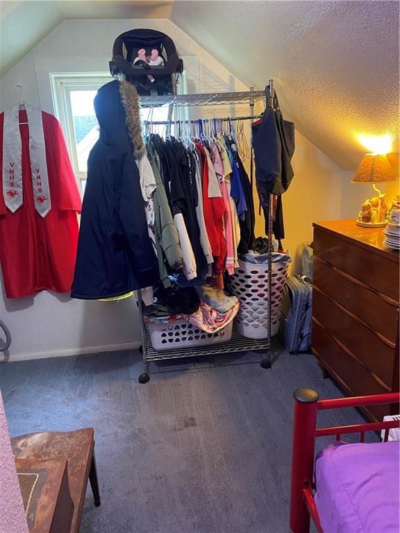 walk in closet featuring carpet flooring and vaulted ceiling