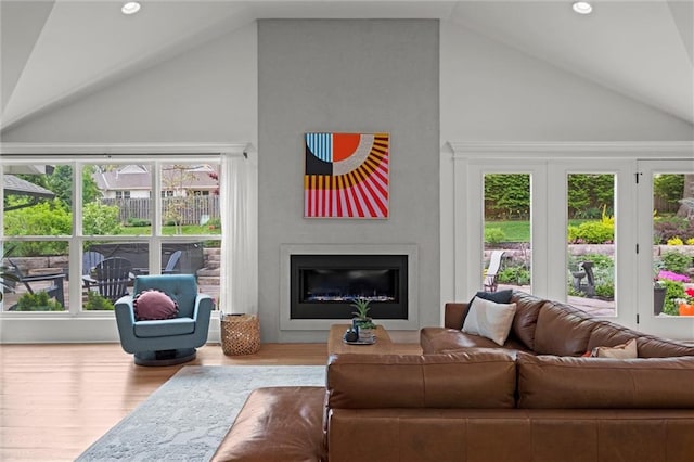 9818 Overbrook Ct, Leawood, KS 66206 - living area with a glass covered fireplace, wood finished floors, a healthy amount of sunlight, high vaulted ceiling, and recessed lighting