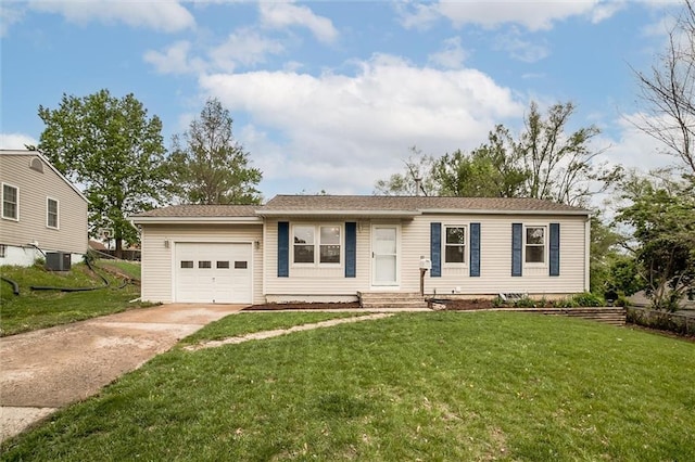 ranch-style home with a garage, cooling unit, driveway, and a front yard