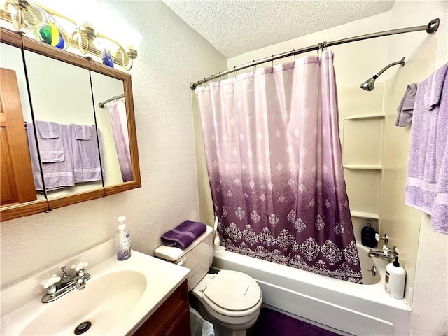 full bathroom featuring vanity, a textured wall, a textured ceiling, and shower / bath combination with curtain