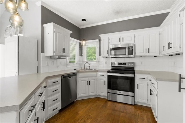 14175 W 149th Ter, Olathe, KS 66062 - kitchen featuring stainless steel appliances, a peninsula, a sink, dark wood-type flooring, and light countertops