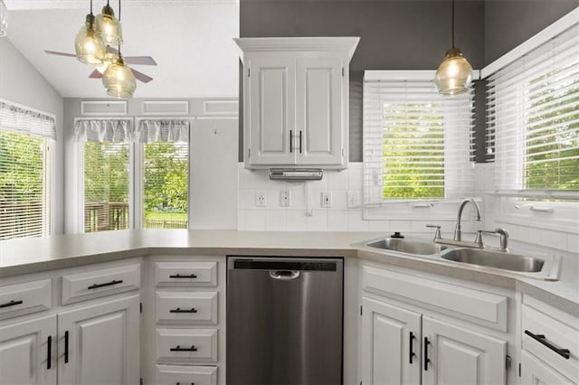 14175 W 149th Ter, Olathe, KS 66062 - kitchen featuring dishwasher, a sink, a ceiling fan, light countertops, and white cabinetry