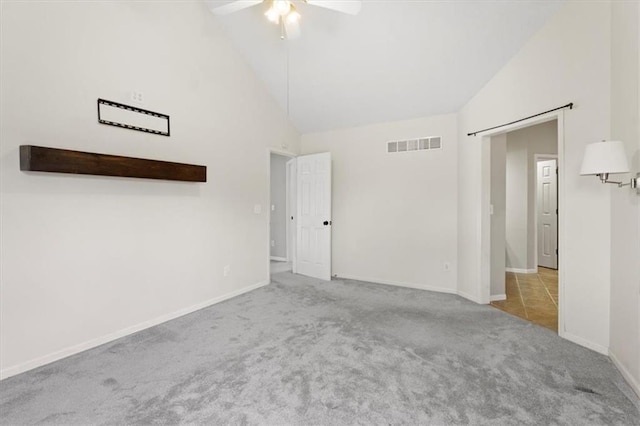 14175 W 149th Ter, Olathe, KS 66062 - unfurnished bedroom with carpet floors, high vaulted ceiling, baseboards, and a ceiling fan