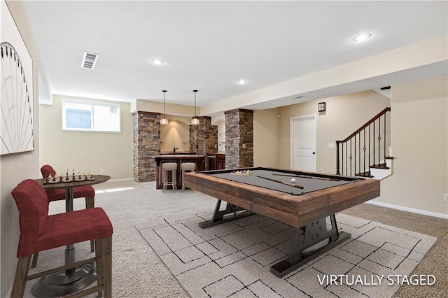 game room featuring pool table, ornate columns, light carpet, baseboards, and recessed lighting