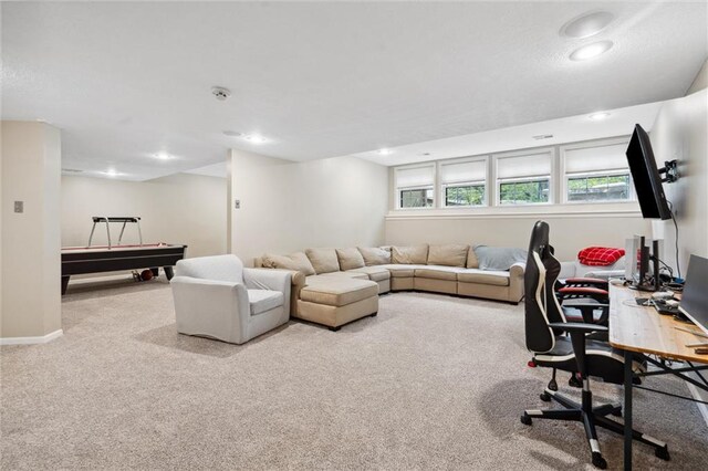 living room featuring carpet floors, recessed lighting, baseboards, and billiards
