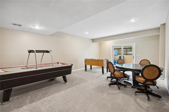 game room featuring baseboards, carpet, recessed lighting, and visible vents