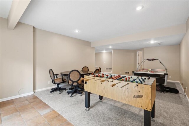 playroom featuring recessed lighting, baseboards, visible vents, and light carpet