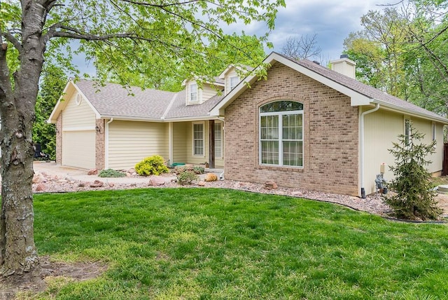 view of front of property featuring brick siding, a garage, and a chimney