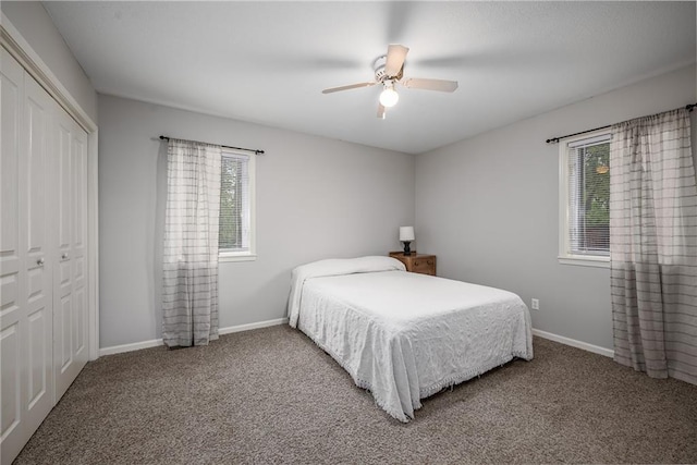 bedroom featuring baseboards, multiple windows, carpet, and a closet
