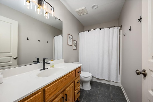 bathroom featuring vanity, curtained shower, toilet, baseboards, and tile patterned floors