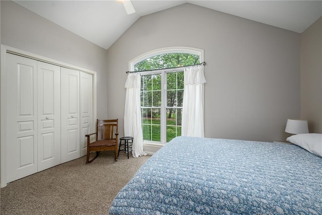 bedroom with a ceiling fan, lofted ceiling, carpet, and a closet