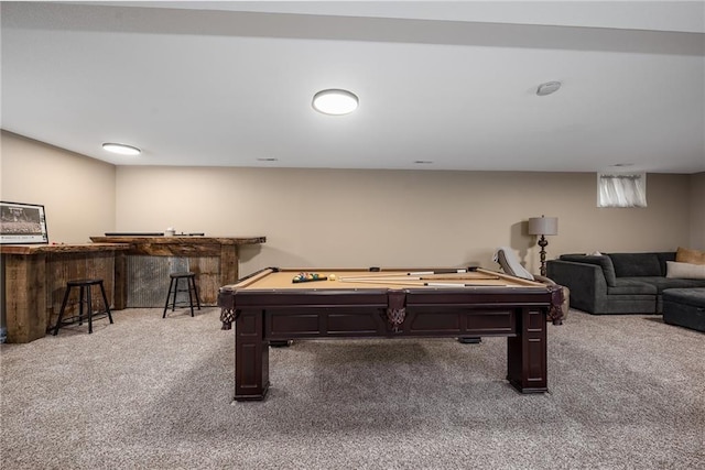 rec room with pool table, a dry bar, and carpet flooring