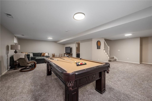game room with pool table, baseboards, light carpet, and visible vents