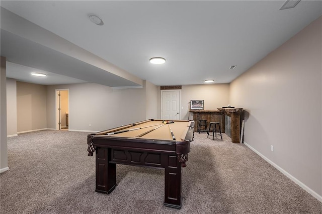 game room with billiards, baseboards, carpet flooring, and visible vents