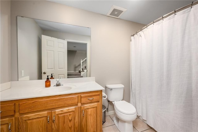 bathroom featuring toilet, tile patterned floors, visible vents, and vanity