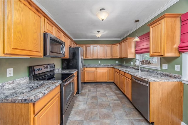 306 S 5th St, Neodesha, KS 66757 - kitchen with a sink, stainless steel appliances, stone finish floor, ornamental molding, and hanging light fixtures