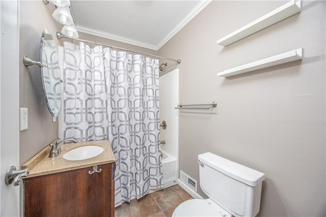 306 S 5th St, Neodesha, KS 66757 - bathroom with shower / bath combo, ornamental molding, toilet, vanity, and visible vents