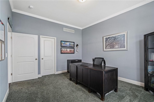 carpeted office space featuring baseboards, visible vents, and ornamental molding