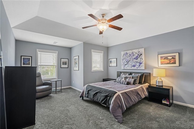 bedroom featuring carpet floors, baseboards, and ceiling fan