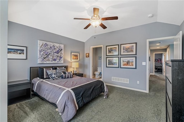 bedroom with visible vents, baseboards, carpet floors, connected bathroom, and lofted ceiling
