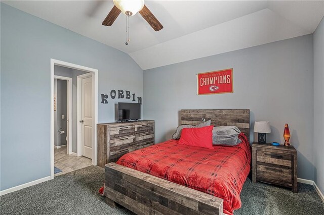 carpeted bedroom with baseboards, ceiling fan, and lofted ceiling