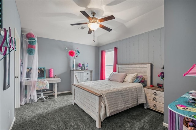 bedroom featuring dark colored carpet, baseboards, ceiling fan, and visible vents