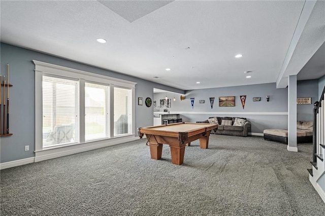 recreation room with recessed lighting, billiards, carpet, and baseboards