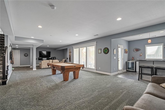 game room with baseboards, billiards, carpet floors, and recessed lighting