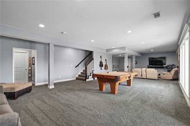 playroom featuring carpet flooring, recessed lighting, pool table, baseboards, and visible vents
